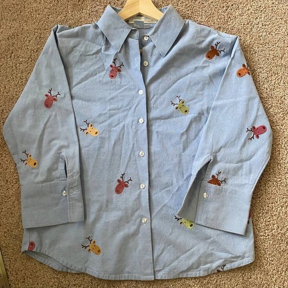 Casey Coleman Other - Casey Coleman Button-Up Long Sleeve  Embroidered Reindeer Cotton Shirt S #302